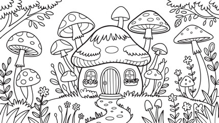 mushroom house in enchanted forest with fantasy trees, giant mushrooms, and whimsical flowers in cute coloring page style
