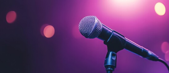 Microphone illuminated on stage under a magenta spotlight ambience