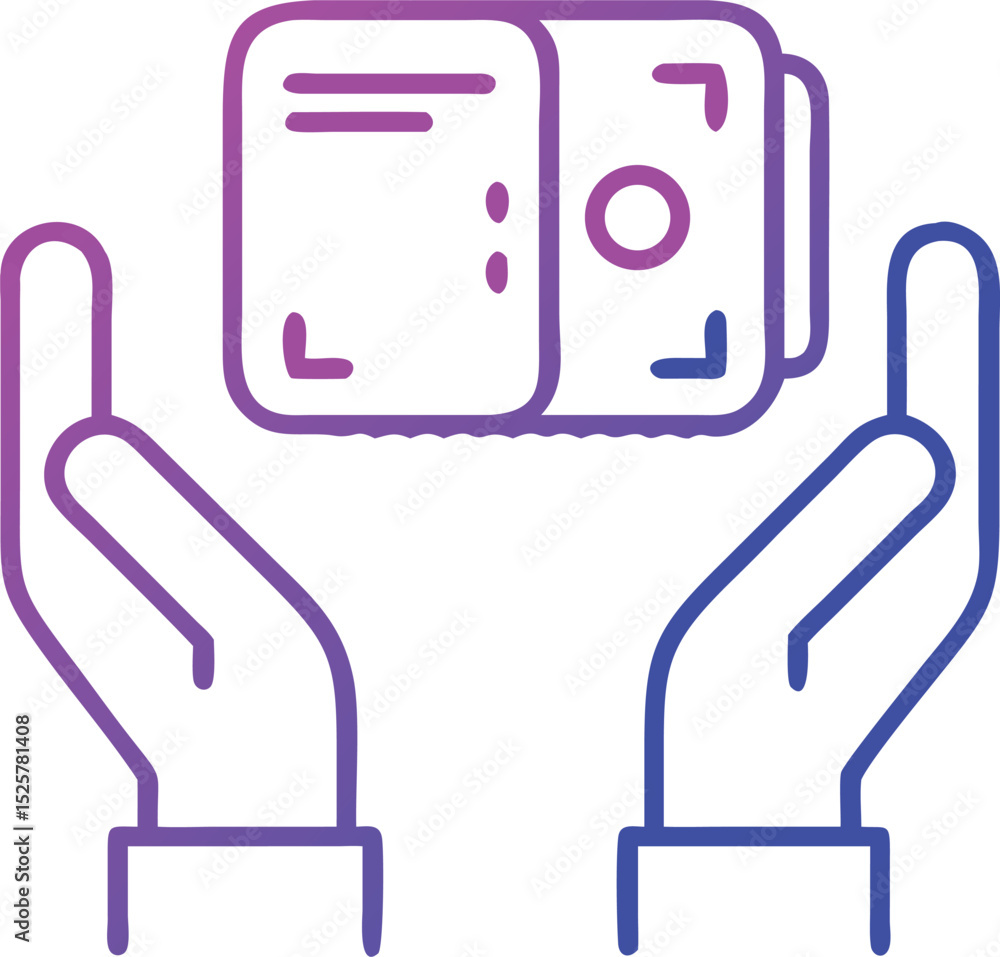 Poster hands holding a digital device illustration with gradient lines on transparency