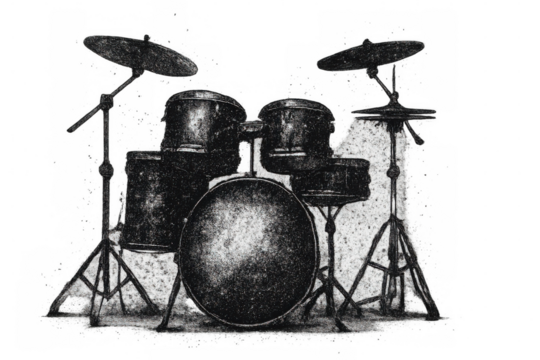 Vintage charcoal drawing of drum set ready to play rock and roll music on transparent background