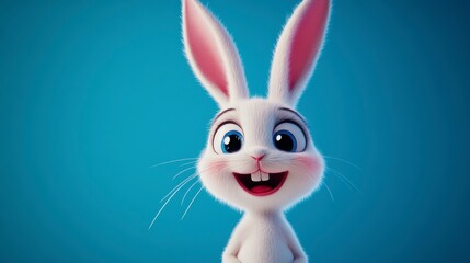 Obraz premium Adorable 3D-rendered white bunny rabbit with pink ears and big eyes, smiling happily against a bright blue background.