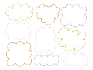 Line Art Cloud Frame Outline Collection. A whimsical set of 9 cloud frame outlines in hand drawn line art style featuring playful silhouettes. Perfect for stickers kids and dreamy visual themes
