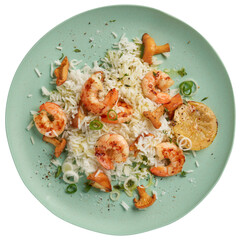 Shrimp fried rice on plate top view food on plate cut out isolated transparent background