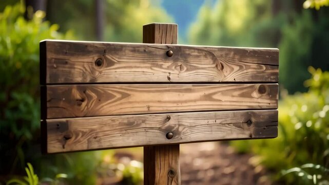 Wooden signpost stands on path in forest woodland, surrounded by greenery under blurred sunlight environment. Focus on rustic planks.