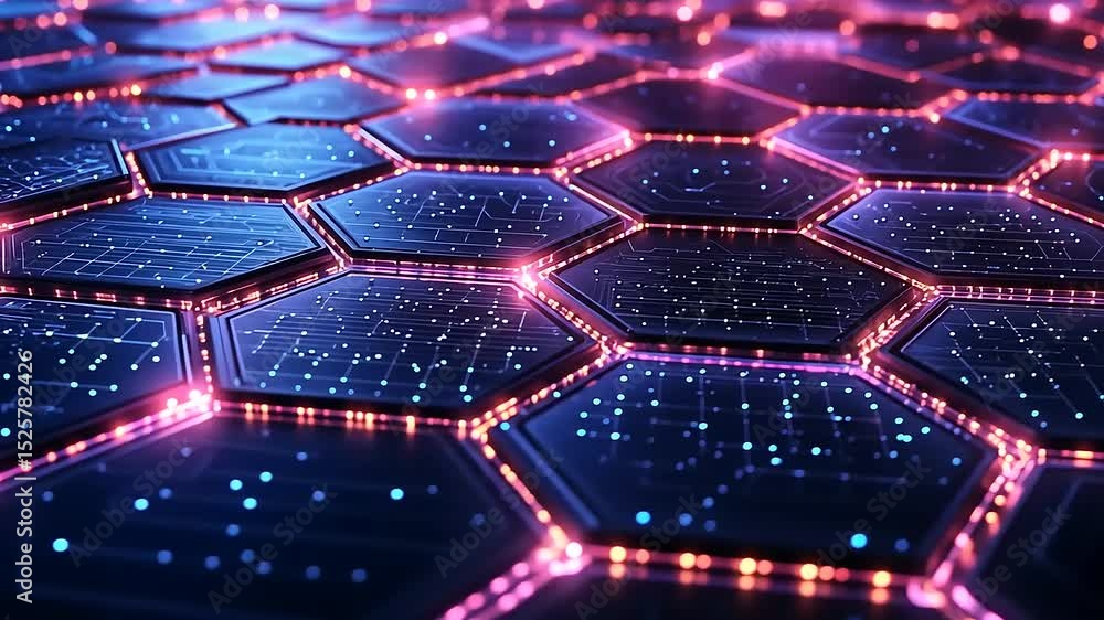 Poster Abstract Futuristic Technology Grid Animation with Glowing Hexagonal Shapes