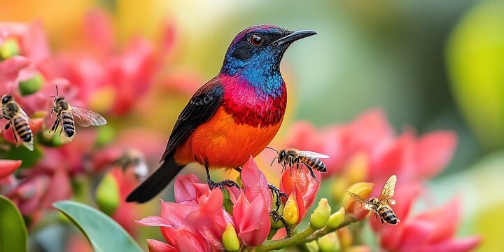 Vibrant sunbird amidst blooming flowers surrounded by diligent honeybees