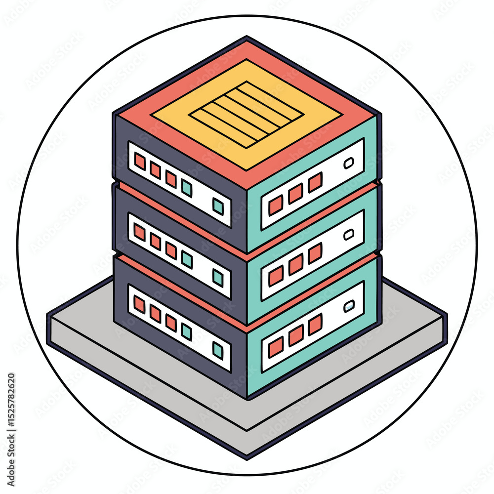 Poster isometric representation of a server rack data center infrastructure concept in a circular frame