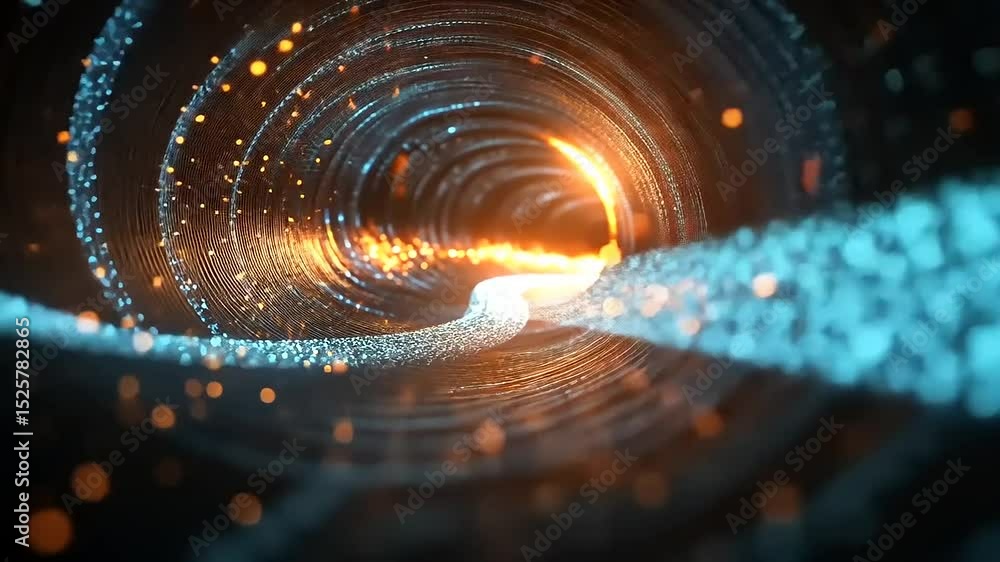 Poster abstract futuristic tunnel with glowing particles and light at the end of the tunnel