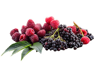 Freshly Picked Raspberries & Elderberries with Leaves on Rustic Wooden Table, isolated on white. Generative AI