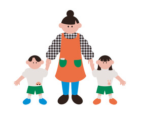 子ども達と手をつなぐ幼稚園、保育園の先生のイラスト