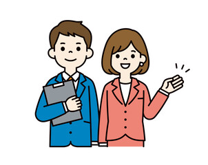 お客様を案内する、若いビジネスマンのベクターイラスト素材＿男女セット＿カラー