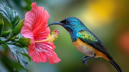 Obraz premium Vibrant sunbird feeding on a bright red hibiscus flower in a lush garden