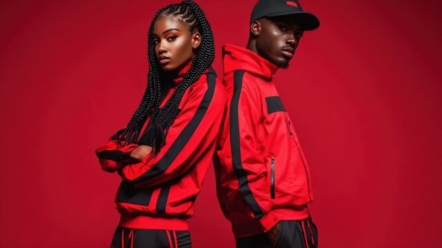 Fashionable couple in red athletic wear.  A stylish woman and man are back-to-back, wearing coordinated red tracksuits.  They are posing against a bold red backdrop, highlighting the vibrant colors