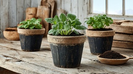 Dark-toned decorative plant pots with greenery.