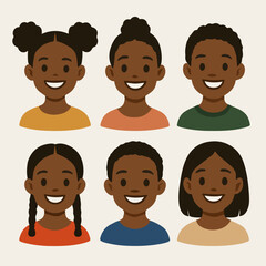 Vector Set Smiling African American children portraits