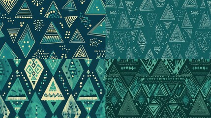 Four teal and beige geometric textile patterns featuring various sized triangles, dots, and lines in a repeating design