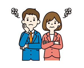 悩んでモヤモヤする、若いビジネスマンのベクターイラスト素材＿男女セット＿カラー