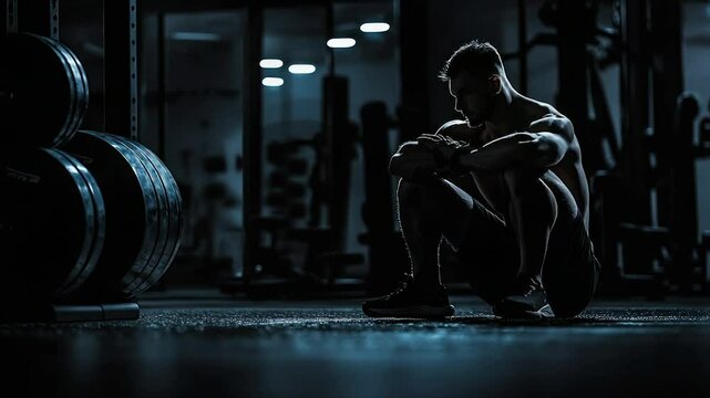 Muscular man resting in gym after workout