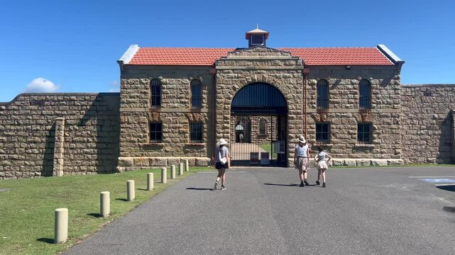 Australian family visit at Trial Bay Gaol Arakoon Kempsey Shire New South Wales, Australia.The history of gaols in Australia begins with the establishment of the British penal colony in 1788.