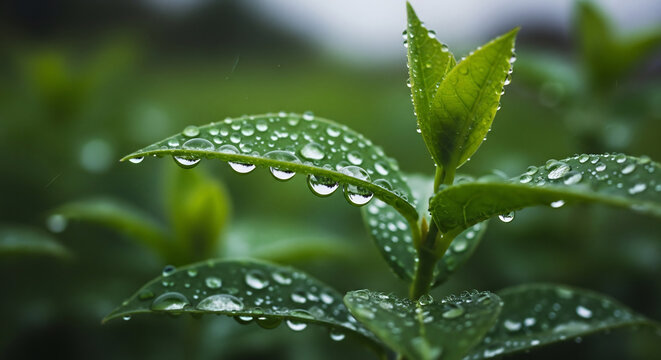 Close up of dewdrops on green leaf capturing nature's freshness and vitality