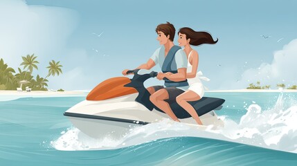 Happy Couple Enjoying a Thrilling Jet Ski Ride in Tropical Paradise Waters