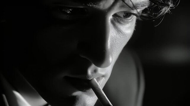 Close-up of a man intensely staring with a cigarette between his lips


