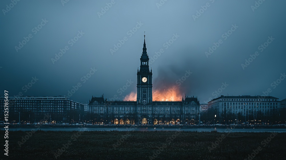 Poster architectural view of a large building at twilight with a prominent clock tower.