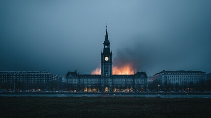 Fototapeta premium Architectural view of a large building at twilight with a prominent clock tower.