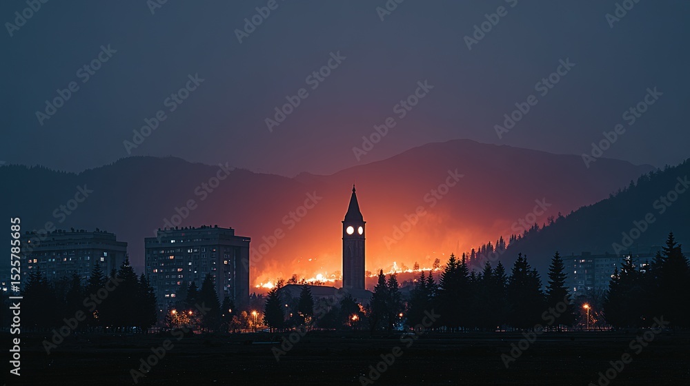 Poster illuminated clock tower against a mountain backdrop at twilight.