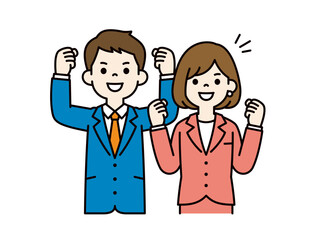 やる気溢れるガッツポーズの、若いビジネスマンのベクターイラスト素材＿男女セット＿カラー