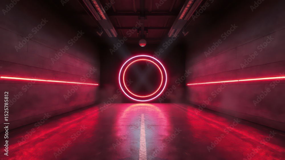 Poster illuminated portal in a dark industrial setting with glowing circles and lines creating a futuristic