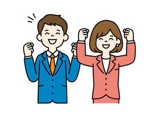 笑顔でガッツポーズをする、若いビジネスマンのベクターイラスト素材＿男女セット＿カラー