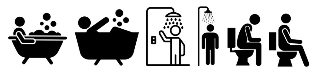 Pictogram set showing bathing showering and toilet use in a simple black and white design style