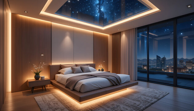 Interior of a modern bedroom with a floating bed, warm LED lighting, and a night sky view By Let it be