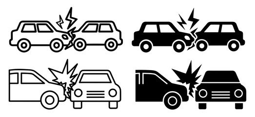 Illustration showing four car crash icons in black and white with collision and damage depicted