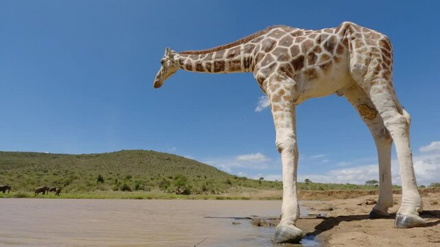 Low wide angle of Reticulated giraffe (Giraffa c. reticulata) drinking from a muddy watering hole under hot midday sun in kenya 