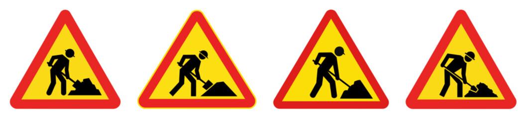 Four triangular road signs depicting men at work with shovels on a white background scene view