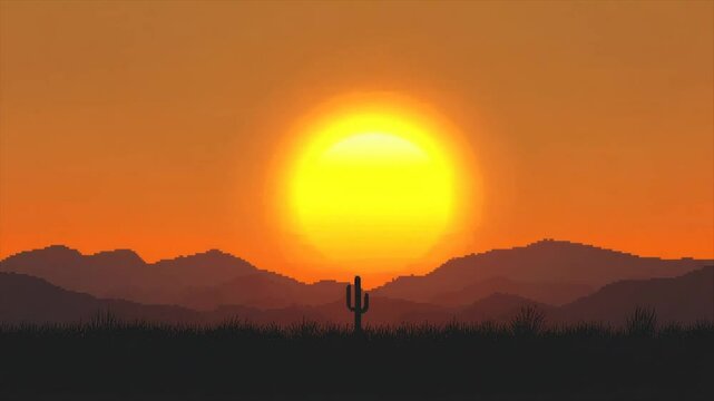 Desert sunset with cactus silhouette. Vivid orange and yellow sun sets behind a mountain range. A solitary cactus stands against the horizon