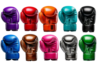 A set of boxing gloves in various colors hang from a hook, ready for use, isolated on a transparent or white background.