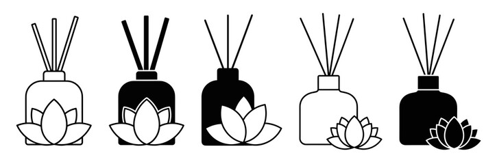 Illustration of five reed diffusers with lotus flowers in black and white color scheme design element