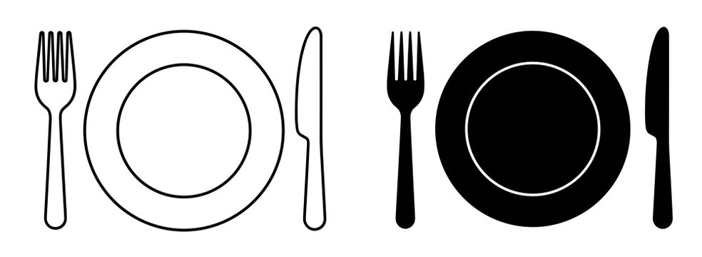 Two sets of cutlery with a fork plate and knife in black and white on a plain background design image