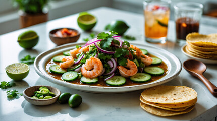 Fototapeta premium Zucchini shrimp salad top view healthy meal photography perfect for nutrition app UI product advertising or culinary flyers food wallpaper background