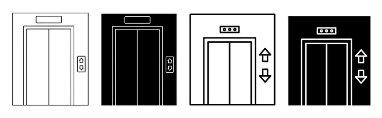 Illustration of four elevators in different styles showing doors, buttons, and direction indicators