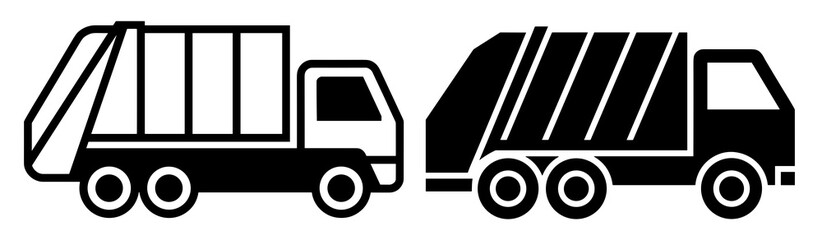Two garbage trucks one in outline and one in solid black showing transportation vehicles design idea