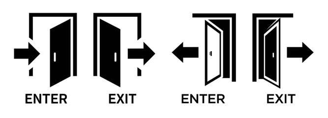 Illustration showing enter and exit signs with arrows and open doors in black and white style