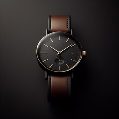 Minimalist product shot of a men&rsquo;s luxury wristwatch with leather strap and golden details on black background.