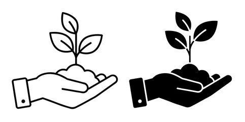 Two hands holding a small plant with leaves in soil one in outline and one in solid black color