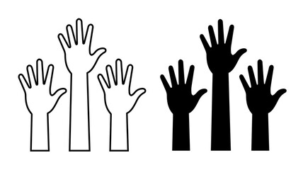 Obraz premium Illustration of three hands raised in outline and three hands raised in solid black color style