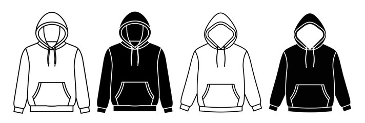 Four hoodies in black and white with drawstrings and front pockets on a white background isolated