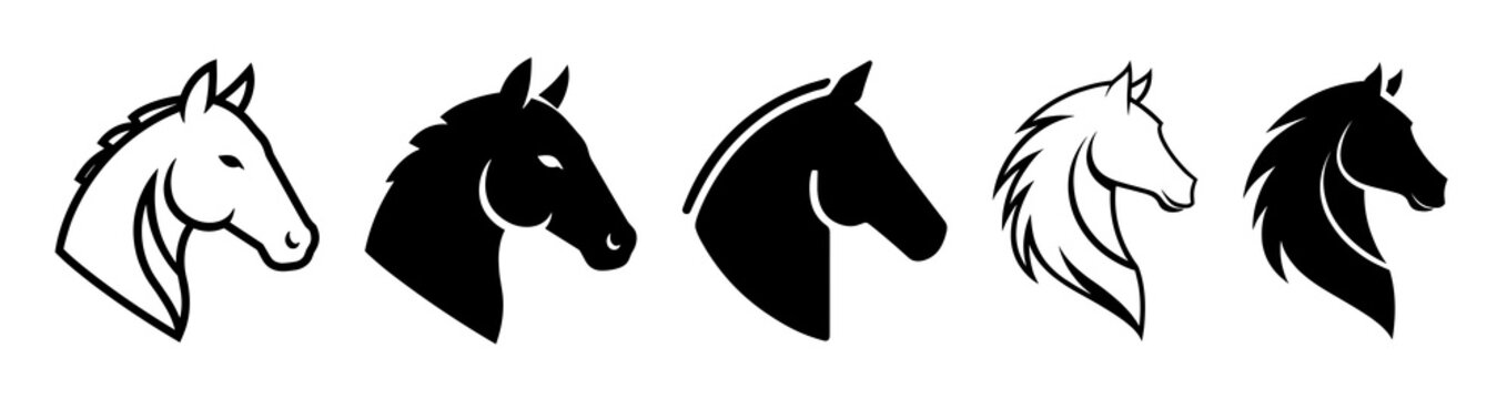 Collection of five horse head silhouettes in black and white showcasing different mane styles and outlines